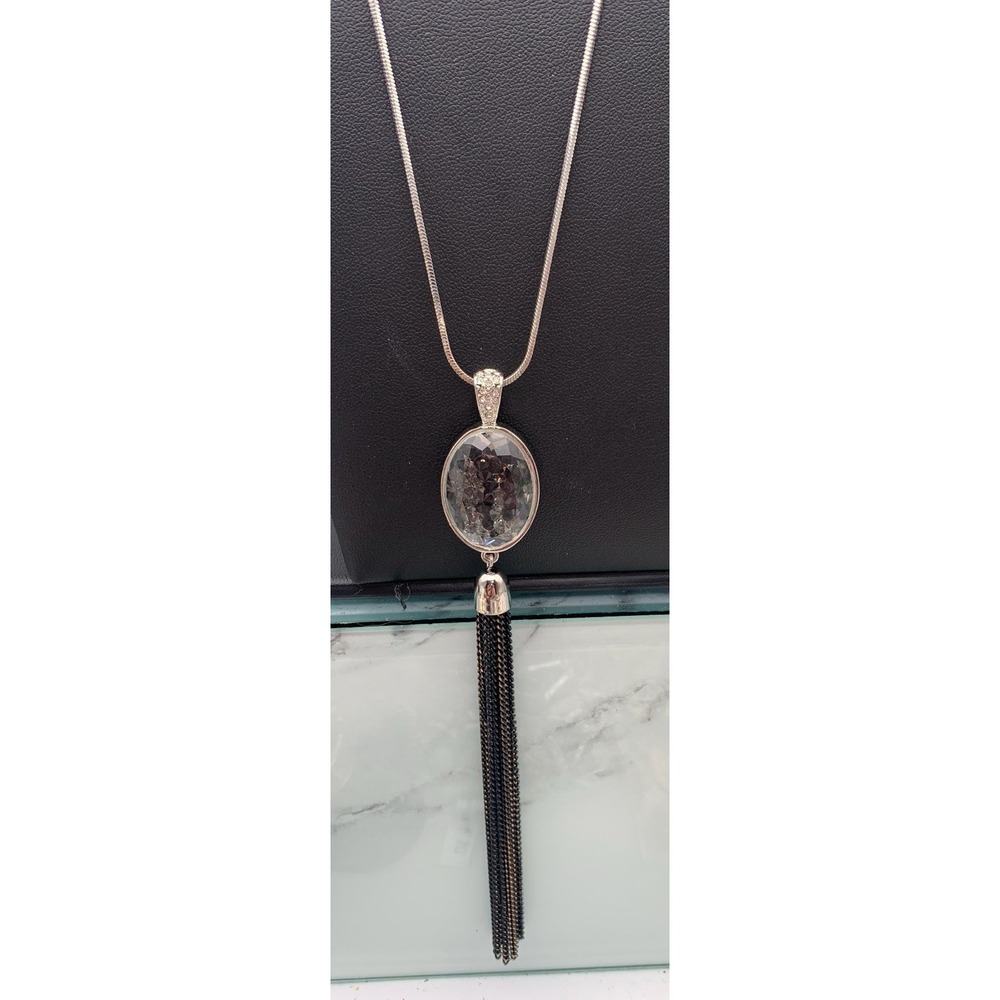 NWT Lydell NYC Silver Tone Snake Chain With Smokey Sparkly 2 Tone Tassel Pendant